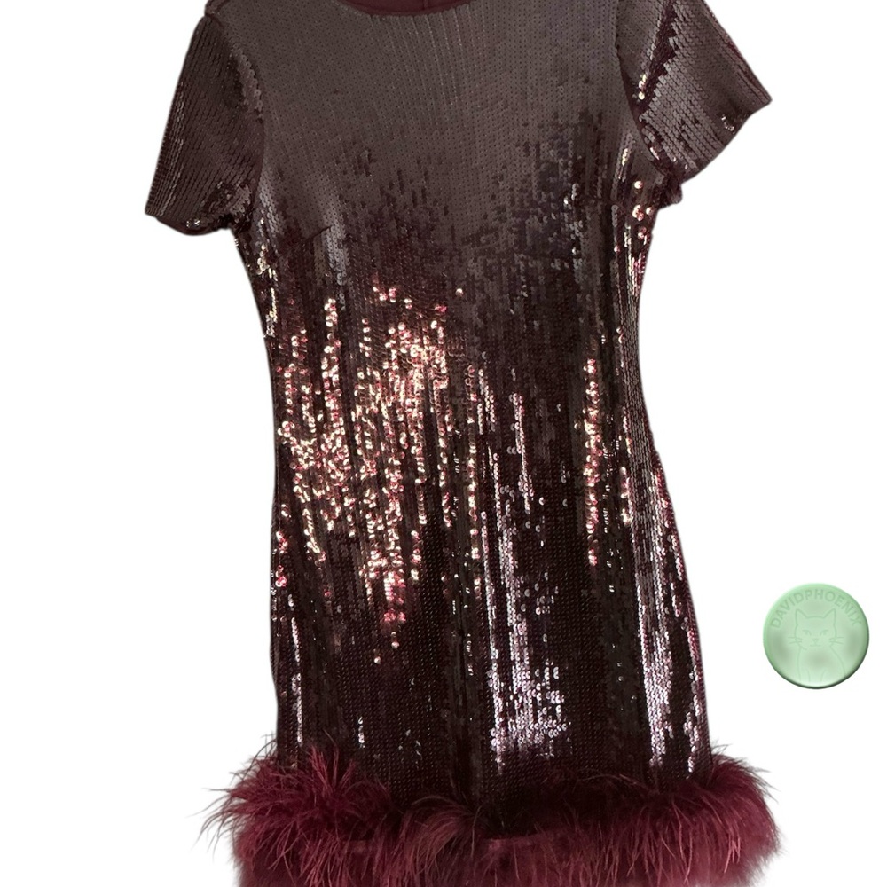 Express Burgundy Sequin Feather Hem Mini Dress – Size Medium New Without Tags - Picture 5 of 14